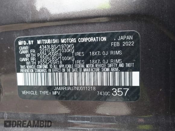 ✅ 2022 Mitsubishi Outlander ES • VIN: JA4ARUAU7NU011218 • Lot: 43073265. Wystawiony na IAAI z przebiegiem 55 382 mil. Bezpłatny archiwum sprzedaży aukcyjnych z USA i szczegółowy raport historii pojazdu na DreamBid. Zdjęcie 9.