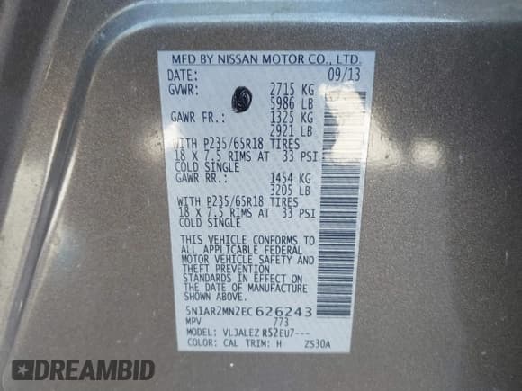 ✅ 2014 Nissan Pathfinder SV • VIN: 5N1AR2MN2EC626243 • Lot: 41774399. Listed on IAAI with 146,363 mi. Free auction sales archive from the USA and detailed vehicle history report at DreamBid. Image 9.