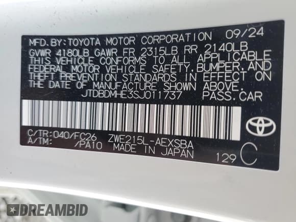 ✅ 2025 Toyota Corolla Hybrid LE • VIN: JTDBDMHE3SJ011737 • Лот: 45182915. Опубликован ранее на Copart с пробегом Не указан. Бесплатный доступ к архиву аукционных продаж из США и подробный отчёт об истории автомобиля на DreamBid. Изображение 14.