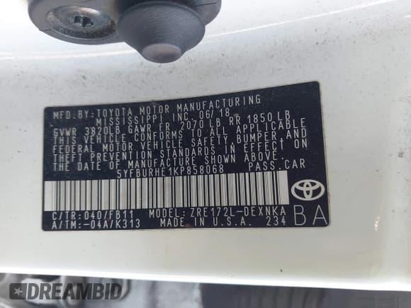 ✅ 2019 Toyota Corolla LE • VIN: 5YFBURHE1KP858068 • Lot: 43684631. Wystawiony na IAAI z przebiegiem 97 421 mil. Bezpłatny archiwum sprzedaży aukcyjnych z USA i szczegółowy raport historii pojazdu na DreamBid. Zdjęcie 9.