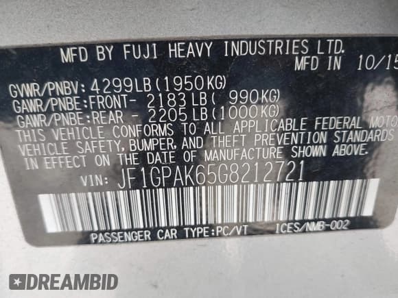 ✅ 2016 Subaru Impreza Limited • VIN: JF1GPAK65G8212721 • Lot: 43807121. Wystawiony na IAAI z przebiegiem 84 941 mil. Bezpłatny archiwum sprzedaży aukcyjnych z USA i szczegółowy raport historii pojazdu na DreamBid. Zdjęcie 9.