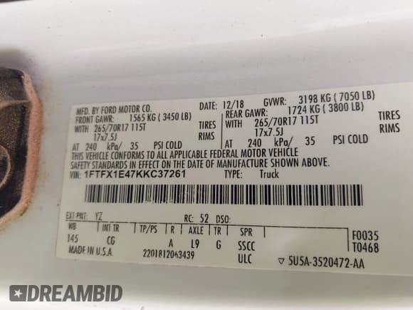 ✅ 2019 Ford F-150 XL • VIN: 1FTFX1E47KKC37261 • Lot: 43139778. Listed on IAAI with 138,729 mi. Free auction sales archive from the USA and detailed vehicle history report at DreamBid. Image 9.