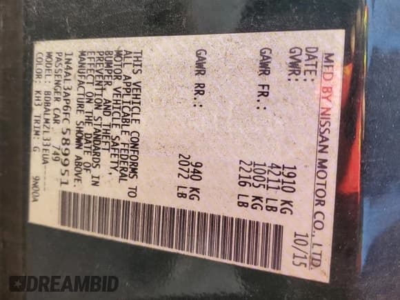 ✅ 2015 Nissan Altima SV • VIN: 1N4AL3AP6FC589951 • Lot: 94904815. Wystawiony na Copart z przebiegiem 188 140 mil. Bezpłatny archiwum sprzedaży aukcyjnych z USA i szczegółowy raport historii pojazdu na DreamBid. Zdjęcie 12.