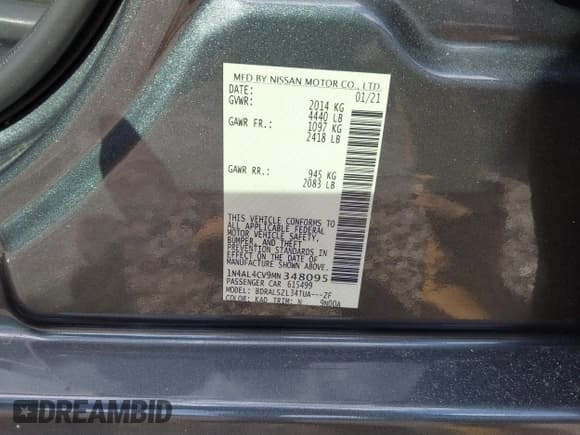 ✅ 2021 Nissan Altima SR • VIN: 1N4AL4CV9MN348095 • Lot: 40826707. Listed on IAAI with Not provided. Free auction sales archive from the USA and detailed vehicle history report at DreamBid. Image 9.