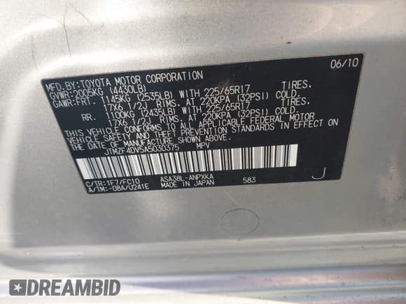 ✅ 2010 Toyota RAV4 • VIN: JTMZF4DV5A5030375 • Лот: 43761095. Опубликован ранее на IAAI с пробегом 169 650 миль. Бесплатный доступ к архиву аукционных продаж из США и подробный отчёт об истории автомобиля на DreamBid. Изображение 9.