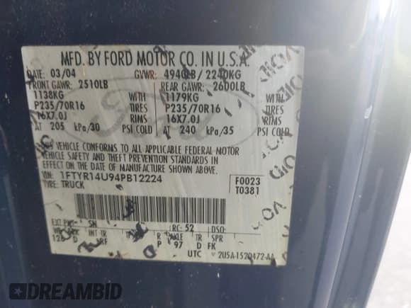 ✅ 2004 Ford Ranger XL • VIN: 1FTYR14U94PB12224 • Lot: 43384037. Listed on IAAI with 123,473 mi. Free auction sales archive from the USA and detailed vehicle history report at DreamBid. Image 9.