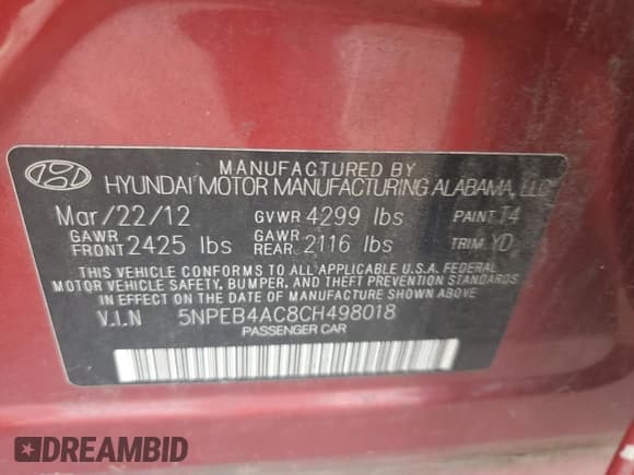 ✅ 2012 Hyundai Sonata GLS • VIN: 5NPEB4AC8CH498018 • Lot: 75205304. Listed on Copart with 252,586 mi. Free auction sales archive from the USA and detailed vehicle history report at DreamBid. Image 14.