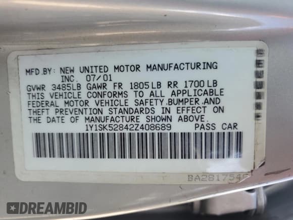 ✅ 2002 Chevrolet Prizm • VIN: 1Y1SK52842Z408689 • Lot: 80474435. Listed on Copart with 297,701 mi. Free auction sales archive from the USA and detailed vehicle history report at DreamBid. Image 12.