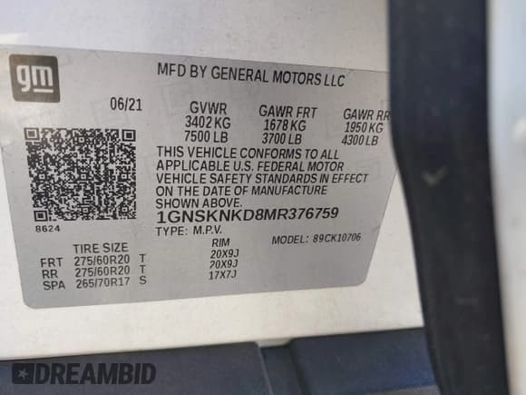 ✅ 2021 Chevrolet Tahoe LT • VIN: 1GNSKNKD8MR376759 • Lot: 42686035. Listed on IAAI with 41,568 mi. Free auction sales archive from the USA and detailed vehicle history report at DreamBid. Image 9.