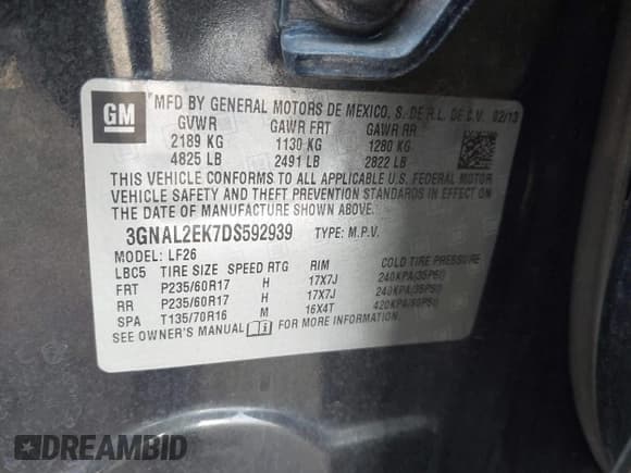 ✅ 2013 Chevrolet Captiva Sport LS • VIN: 3GNAL2EK7DS592939 • Lot: 41577770. Wystawiony na IAAI z przebiegiem 157 783 mil. Bezpłatny archiwum sprzedaży aukcyjnych z USA i szczegółowy raport historii pojazdu na DreamBid. Zdjęcie 9.