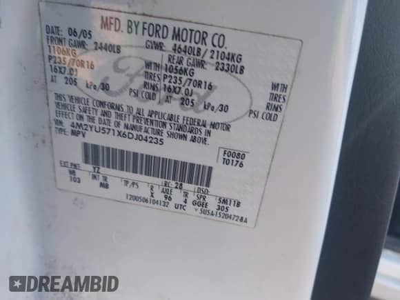 2006 Mercury Mariner Luxury z VIN 4M2YU571X6DJ04235, wystawiony jako IAAI lot #41631062 z przebiegiem 290 925 mil mil oraz . Historia ofert i sprzedaży dostępna na DreamBid. Obrazek 9.