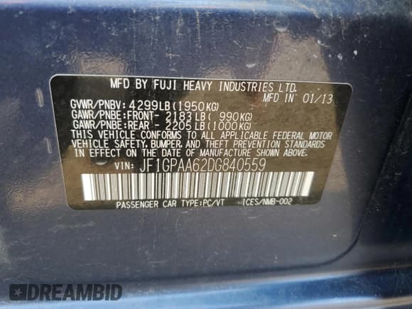 ✅ 2013 Subaru Impreza 2.0i • VIN: JF1GPAA62DG840559 • Лот: 67060395. Опубликован ранее на Copart с пробегом 123 770 миль. Бесплатный доступ к архиву аукционных продаж из США и подробный отчёт об истории автомобиля на DreamBid. Изображение 12.