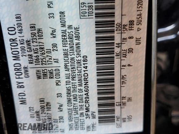 ✅ 2022 Ford Bronco Sport • VIN: 3FMCR9A60NRD14180 • Лот: 64427525. Опубликован ранее на Copart с пробегом 39 731 миль. Бесплатный доступ к архиву аукционных продаж из США и подробный отчёт об истории автомобиля на DreamBid. Изображение 14.