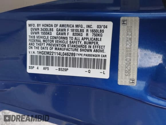 ✅ 2004 Honda Civic VP • VIN: 1HGEM22114L046289 • Lot: 43716499. Listed on IAAI with 168,354 mi. Free auction sales archive from the USA and detailed vehicle history report at DreamBid. Image 9.
