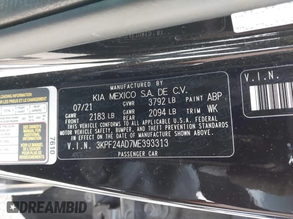 ✅ 2021 Kia Forte LXS • VIN: 3KPF24AD7ME393313 • Lot: 42127977. Listed on IAAI with 44,943 mi. Free auction sales archive from the USA and detailed vehicle history report at DreamBid. Image 9.