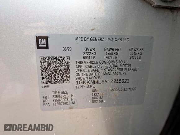 ✅ 2020 GMC Acadia SLT • VIN: 1GKKNMLS5LZ215621 • Lot: 62431825. Wystawiony na Copart z przebiegiem 80 014 mil. Bezpłatny archiwum sprzedaży aukcyjnych z USA i szczegółowy raport historii pojazdu na DreamBid. Zdjęcie 10.