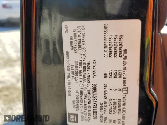 ✅ 2003 Chevrolet S-10 LS • VIN: 1GCDT13X73K175068 • Лот: 82973074. Опубликован ранее на Copart с пробегом 148 531 миль. Бесплатный доступ к архиву аукционных продаж из США и подробный отчёт об истории автомобиля на DreamBid. Изображение 13.