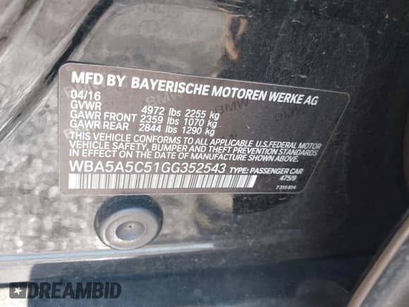 ✅ 2016 BMW 5 Series 528i • VIN: WBA5A5C51GG352543 • Lot: 43266801. Listed on IAAI with 132,494 mi. Free auction sales archive from the USA and detailed vehicle history report at DreamBid. Image 9.