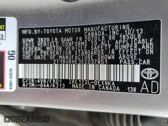 ✅ 2014 Toyota Corolla L • VIN: 2T1BURHE3EC037851 • Lot: 57168185. Listed on Copart with 110,719 mi. Free auction sales archive from the USA and detailed vehicle history report at DreamBid. Image 12.