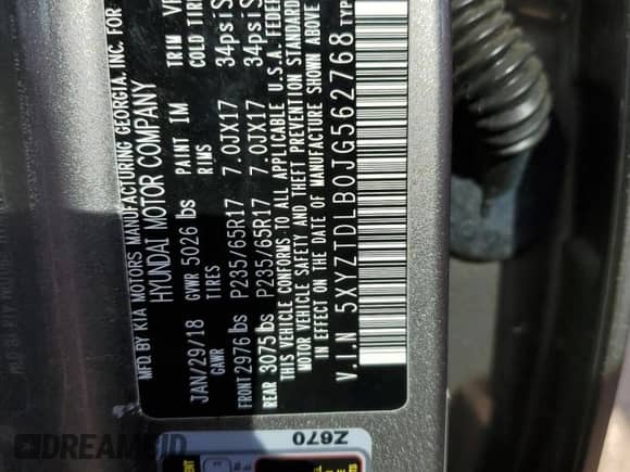 ✅ 2018 Hyundai Santa Fe 2.4L • VIN: 5XYZTDLB0JG562768 • Lot: 45202753. Wystawiony na Copart z przebiegiem Nie podano mil. Skorzystaj z bezpłatnego archiwum sprzedaży aukcyjnych z USA i zobacz szczegółowy raport historii pojazdu na DreamBid. Zdjęcie 13.