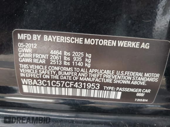 ✅ 2012 BMW 3 Series 328i • VIN: WBA3C1C57CF431953 • Lot: 43744650. Listed on IAAI with 106,909 mi. Free auction sales archive from the USA and detailed vehicle history report at DreamBid. Image 9.