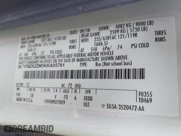 ✅ 2019 Ford Transit Passenger XL • VIN: 1FBZX2ZM3KKA05791 • Lot: 41547130. Listed on IAAI with 237,065 mi. Free auction sales archive from the USA and detailed vehicle history report at DreamBid. Image 9.