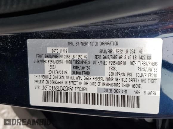 ✅ 2020 Mazda CX-9 Sport • VIN: JM3TCBBY2L0409454 • Лот: 50817055. Опубликован ранее на Copart с пробегом 74 165 миль. Бесплатный доступ к архиву аукционных продаж из США и подробный отчёт об истории автомобиля на DreamBid. Изображение 13.