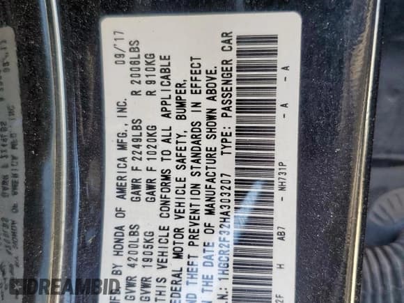 ✅ 2017 Honda Accord LX • VIN: 1HGCR2F32HA303207 • Lot: 91667925. Listed on Copart with 174,930 mi. Free auction sales archive from the USA and detailed vehicle history report at DreamBid. Image 13.