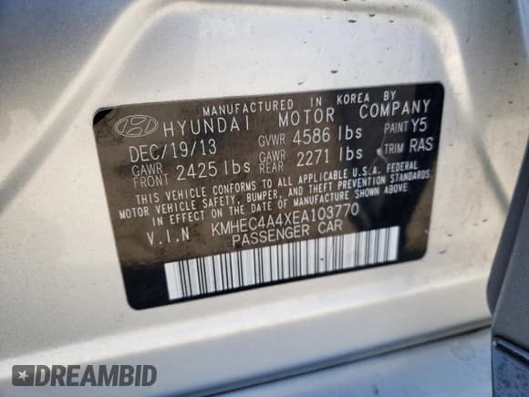 ✅ 2014 Hyundai Sonata Limited • VIN: KMHEC4A4XEA103770 • Лот: 85468874. Опубликован ранее на Copart с пробегом 108 252 миль. Бесплатный доступ к архиву аукционных продаж из США и подробный отчёт об истории автомобиля на DreamBid. Изображение 14.