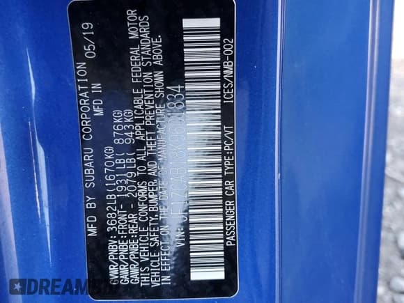 ✅ 2019 Subaru BRZ Premium • VIN: JF1ZCAB18K9601834 • Лот: 71452744. Опубликован ранее на Copart с пробегом 51 756 миль. Бесплатный доступ к архиву аукционных продаж из США и подробный отчёт об истории автомобиля на DreamBid. Изображение 12.