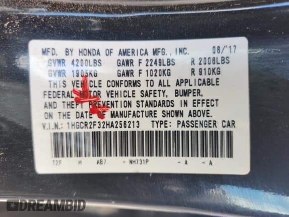 ✅ 2017 Honda Accord LX • VIN: 1HGCR2F32HA256213 • Лот: 81429805. Опубликован ранее на Copart с пробегом 78 811 миль. Бесплатный доступ к архиву аукционных продаж из США и подробный отчёт об истории автомобиля на DreamBid. Изображение 12.