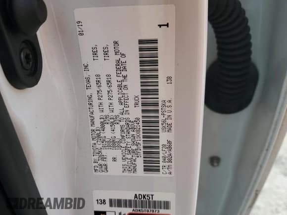 ✅ 2019 Toyota Tundra SR5 • VIN: 5TFDY5F11KX821450 • Lot: 82369835. Listed on Copart with 77,443 mi. Free auction sales archive from the USA and detailed vehicle history report at DreamBid. Image 12.