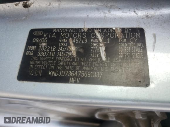 ✅ 2007 Kia Sorento LX • VIN: KNDJD736475691337 • Lot: 57889615. Listed on Copart with 279,716 mi. Free auction sales archive from the USA and detailed vehicle history report at DreamBid. Image 13.