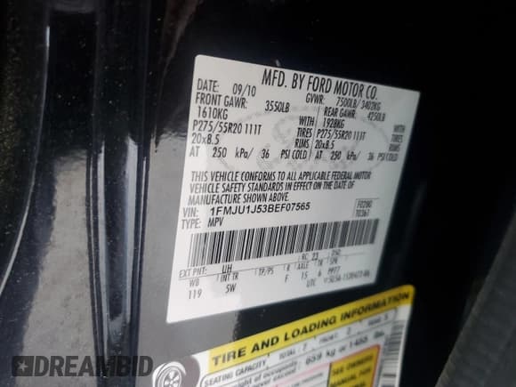 ✅ 2011 Ford Expedition XLT • VIN: 1FMJU1J53BEF07565 • Lot: 53519535. Listed on Copart with 155,929 mi. Free auction sales archive from the USA and detailed vehicle history report at DreamBid. Image 13.