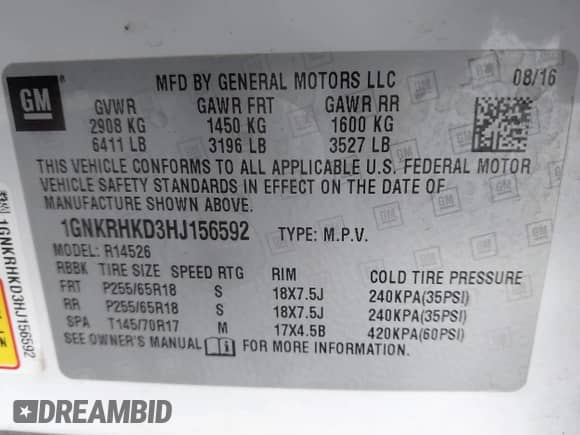 2017 Chevrolet Traverse LT с VIN 1GNKRHKD3HJ156592, выставлен на аукционе IAAI как лот 43051180 с пробегом 133 149 миль миль и . История ставок и продаж доступна на DreamBid. Изображение 9.