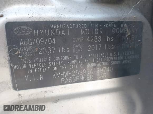 2005 Hyundai Sonata GL z VIN KMHWF25S95A129740, wystawiony jako IAAI lot #43030324 z przebiegiem 187 794 mil mil oraz . Historia ofert i sprzedaży dostępna na DreamBid. Obrazek 9.