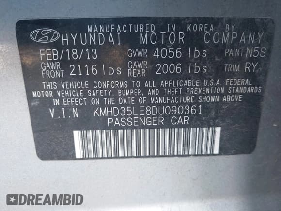 ✅ 2013 Hyundai Elantra • VIN: KMHD35LE8DU090361 • Lot: 43357047. Listed on IAAI with 158,986 mi. Free auction sales archive from the USA and detailed vehicle history report at DreamBid. Image 9.