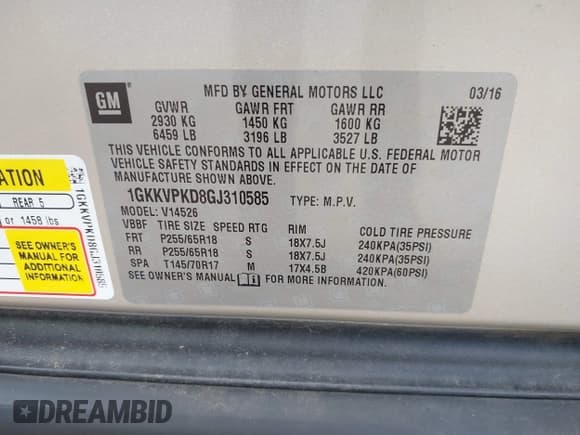 ✅ 2016 GMC Acadia SLE • VIN: 1GKKVPKD8GJ310585 • Lot: 43430651. Listed on IAAI with 50,945 mi. Free auction sales archive from the USA and detailed vehicle history report at DreamBid. Image 9.