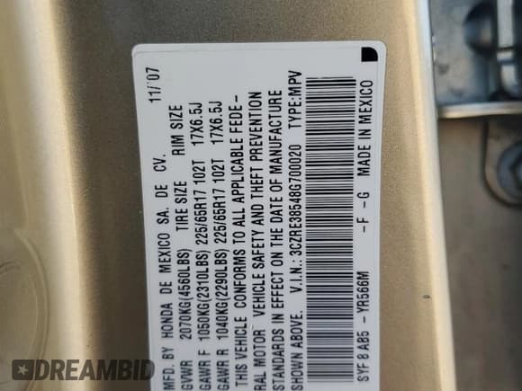 ✅ 2008 Honda CR-V EX • VIN: 3CZRE38548G700020 • Lot: 92884645. Wystawiony na Copart z przebiegiem Nie podano. Bezpłatny archiwum sprzedaży aukcyjnych z USA i szczegółowy raport historii pojazdu na DreamBid. Zdjęcie 13.