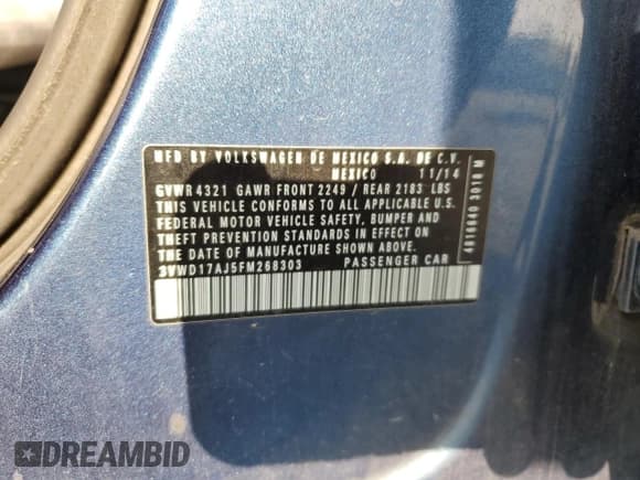 ✅ 2015 Volkswagen Jetta SE • VIN: 3VWD17AJ5FM268303 • Lot: 91789535. Listed on Copart with 137,532 mi. Free auction sales archive from the USA and detailed vehicle history report at DreamBid. Image 12.