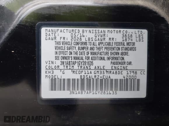 ✅ 2016 Nissan Sentra S • VIN: 3N1AB7AP1GY281635 • Lot: 42861571. Listed on IAAI with 183,993 mi. Free auction sales archive from the USA and detailed vehicle history report at DreamBid. Image 9.