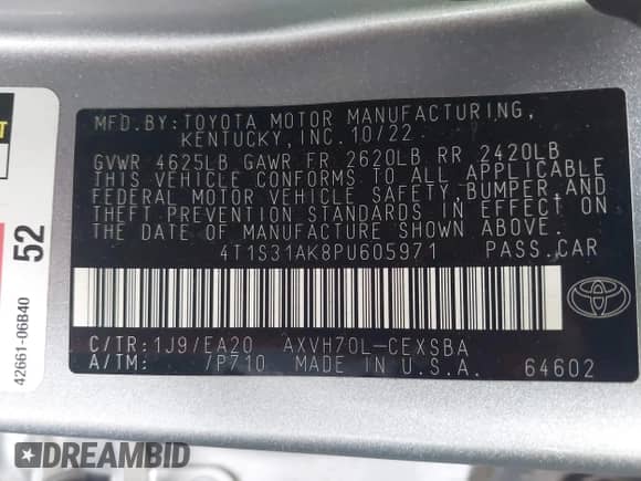 2023 Toyota Camry Hybrid SE с VIN 4T1S31AK8PU605971, выставлен на аукционе IAAI как лот 43021541 с пробегом 75 707 миль миль и . История ставок и продаж доступна на DreamBid. Изображение 9.