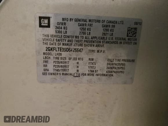 ✅ 2013 GMC Terrain SLE • VIN: 2GKFLTE39D6426647 • Lot: 56467655. Listed on Copart with 137,131 mi. Free auction sales archive from the USA and detailed vehicle history report at DreamBid. Image 13.