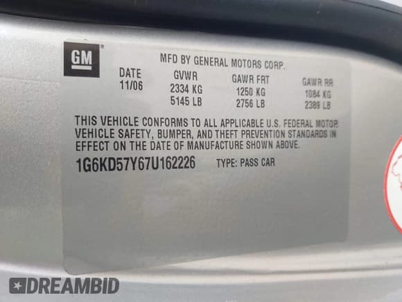 ✅ 2007 Cadillac DTS Luxury I • VIN: 1G6KD57Y67U162226 • Lot: 42087087. Listed on IAAI with 92,370 mi. Free auction sales archive from the USA and detailed vehicle history report at DreamBid. Image 9.