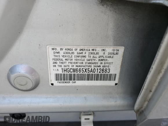 ✅ 2005 Honda Accord EX-L • VIN: 1HGCM665X5A012683 • Lot: 66463525. Listed on Copart with 229,911 mi. Free auction sales archive from the USA and detailed vehicle history report at DreamBid. Image 12.