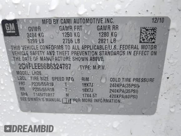 ✅ 2011 Chevrolet Equinox 1LT • VIN: 2CNFLEE56B6324787 • Лот: 40856238. Опубликован ранее на IAAI с пробегом 185 057 миль. Бесплатный доступ к архиву аукционных продаж из США и подробный отчёт об истории автомобиля на DreamBid. Изображение 9.