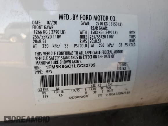 ✅ 2020 Ford Explorer ST • VIN: 1FM5K8GC1LGC82705 • Lot: 82405185. Listed on Copart with Not provided. Free auction sales archive from the USA and detailed vehicle history report at DreamBid. Image 13.