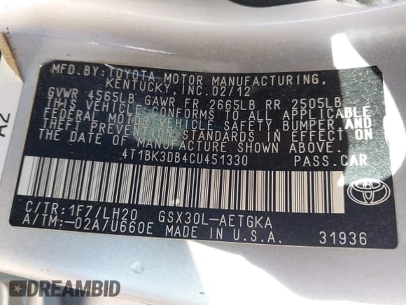 ✅ 2012 Toyota Avalon • VIN: 4T1BK3DB4CU451330 • Lot: 41667360. Wystawiony na IAAI z przebiegiem 232 263 mil. Bezpłatny archiwum sprzedaży aukcyjnych z USA i szczegółowy raport historii pojazdu na DreamBid. Zdjęcie 9.