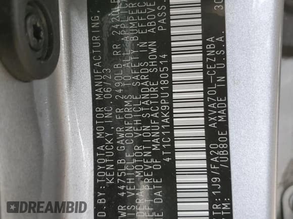 ✅ 2023 Toyota Camry LE • VIN: 4T1C11AK9PU180514 • Lot: 86486805. Listed on Copart with 69,623 mi. Free auction sales archive from the USA and detailed vehicle history report at DreamBid. Image 12.