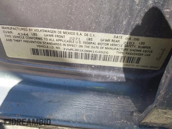 ✅ 2008 Volkswagen Jetta • VIN: 3VWRJ81K08M164826 • Lot: 42143512. Listed on IAAI with 225,739 mi. Free auction sales archive from the USA and detailed vehicle history report at DreamBid. Image 9.